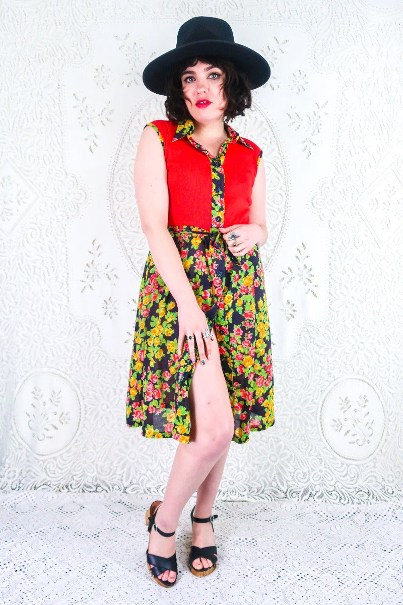 Vintage Button Up Dress - Red & Navy Floral - Size M by all about audrey