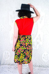Vintage Button Up Dress - Red & Navy Floral - Size M by all about audrey