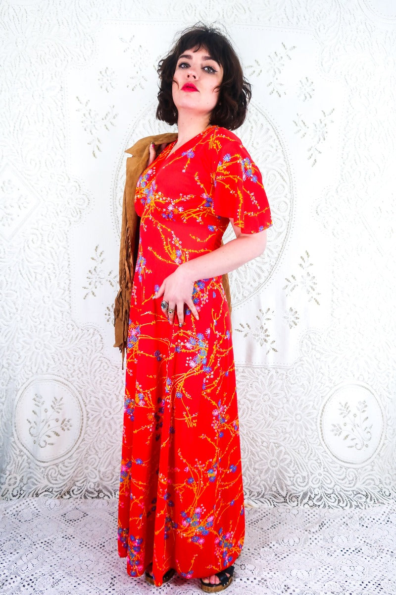 Vintage Maxi Dress - Strawberry Red Floral - Size XS by all about audrey