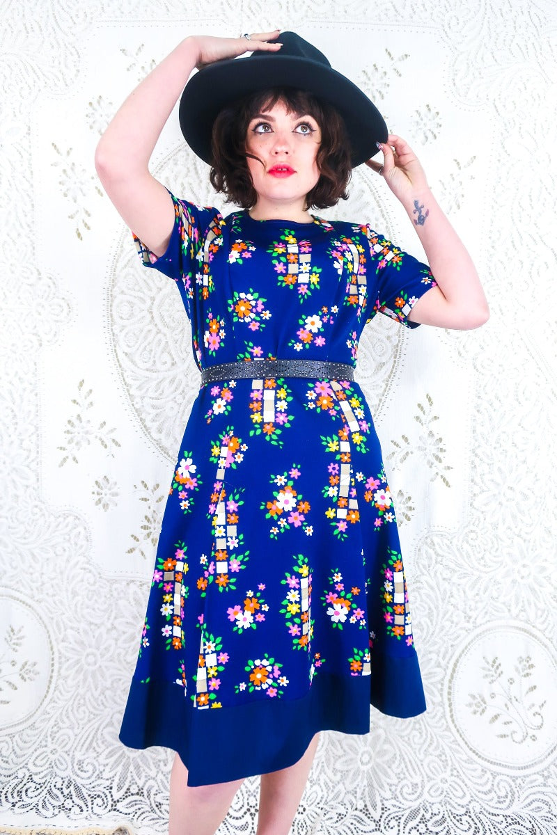 Vintage Midi Dress - Indigo Floral Cobbles - Size M/L by all about audrey
