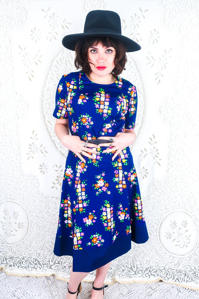 Vintage Midi Dress - Indigo Floral Cobbles - Size M/L by all about audrey