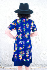Vintage Midi Dress - Indigo Floral Cobbles - Size M/L by all about audrey