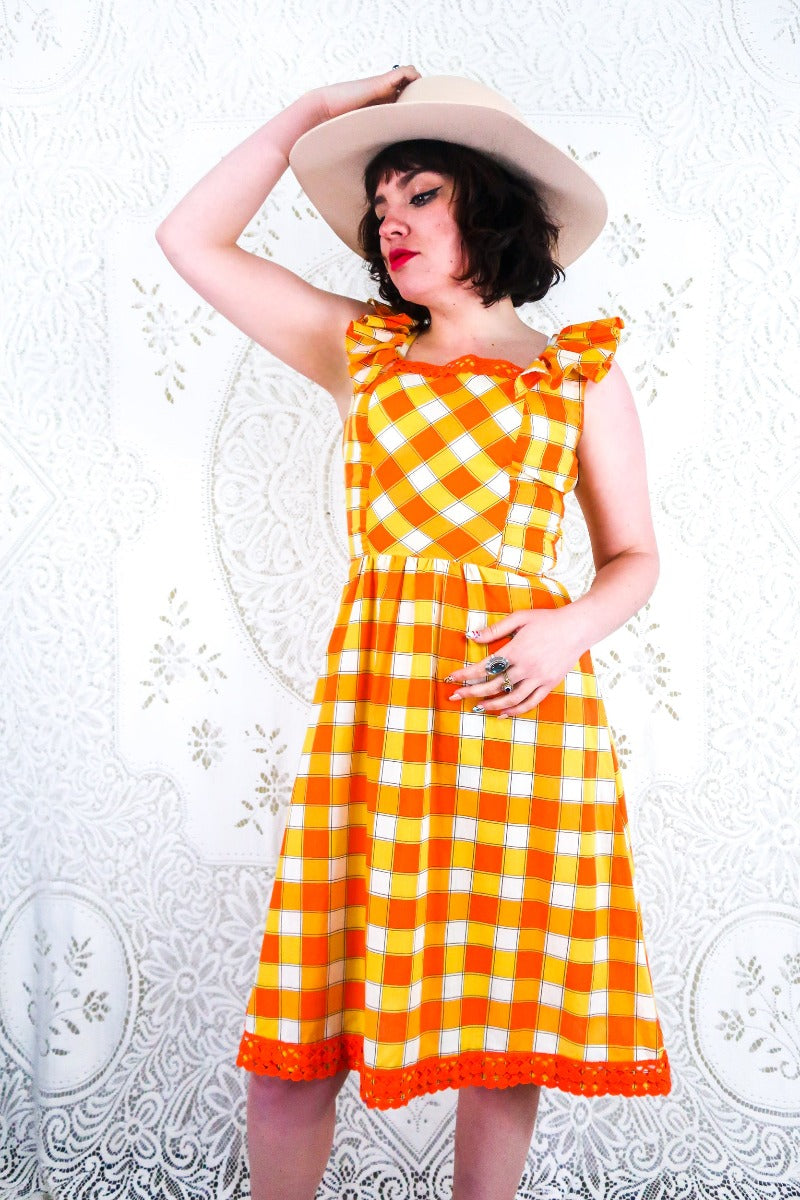 Vintage Midi Dress | Yellow & Orange Check | All About Audrey All About Audrey Vintage Boutique Vintage Midi Dress | Yellow & Orange Check | All About Audrey All About Audrey Vintage Boutique