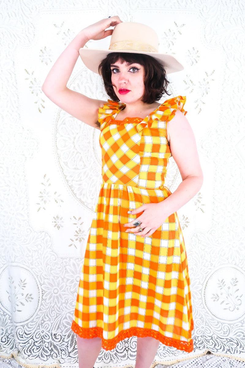 Vintage Midi Dress - Yellow & Orange Check - Size XS by all about audrey