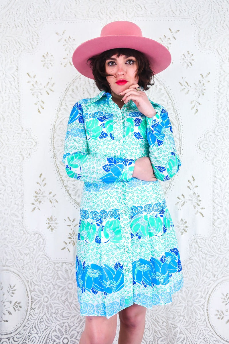 Vintage Button Down Mini Dress Cerulean Mint Floral Size XS