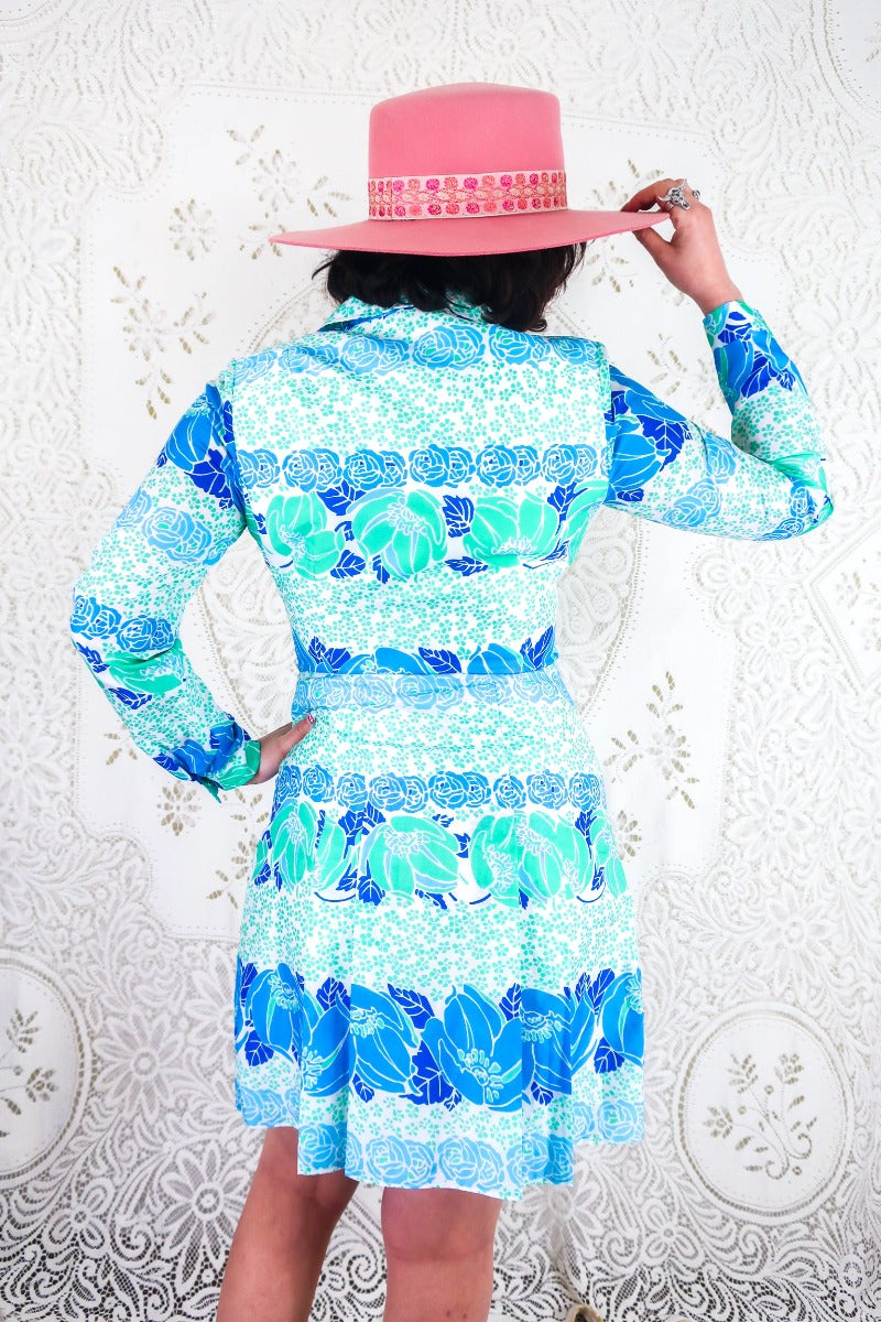 Vintage Button Down Mini Dress - Cerulean & Mint Floral - Size XS by all about audrey