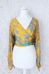 Lola Bohemian Wrap Top - Vintage Indian Sari - Tuscan Sun, Slate & Turquoise Swirl - S/M