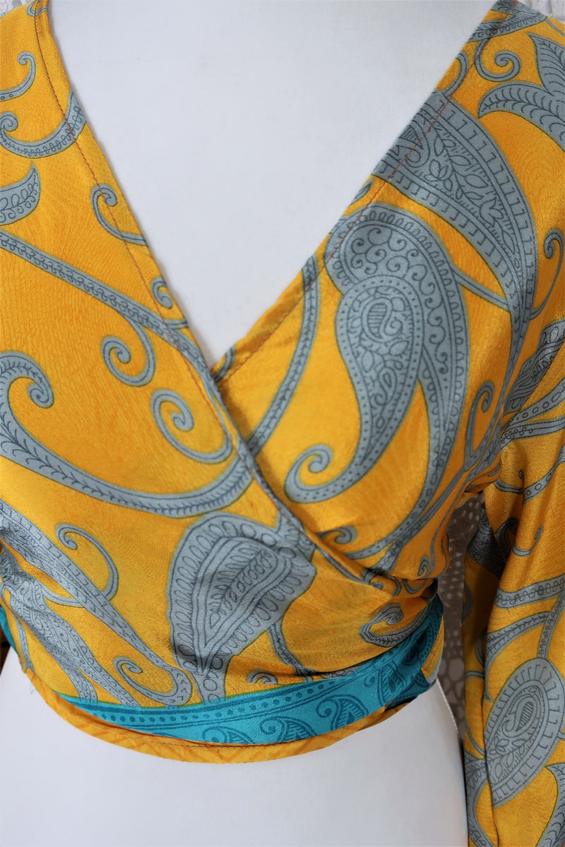 Lola Bohemian Wrap Top - Vintage Indian Sari - Tuscan Sun, Slate & Turquoise Swirl - S/M