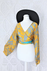 Lola Bohemian Wrap Top - Vintage Indian Sari - Tuscan Sun, Slate & Turquoise Swirl - S/M