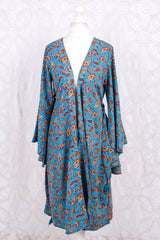 Gemini Kimono - Vintage Indian Sari - Sky Blue, Rose & Gold Paisley - Size S/M