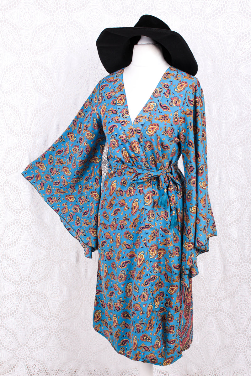 Gemini Kimono - Vintage Indian Sari - Sky Blue, Rose & Gold Paisley - Size S/M