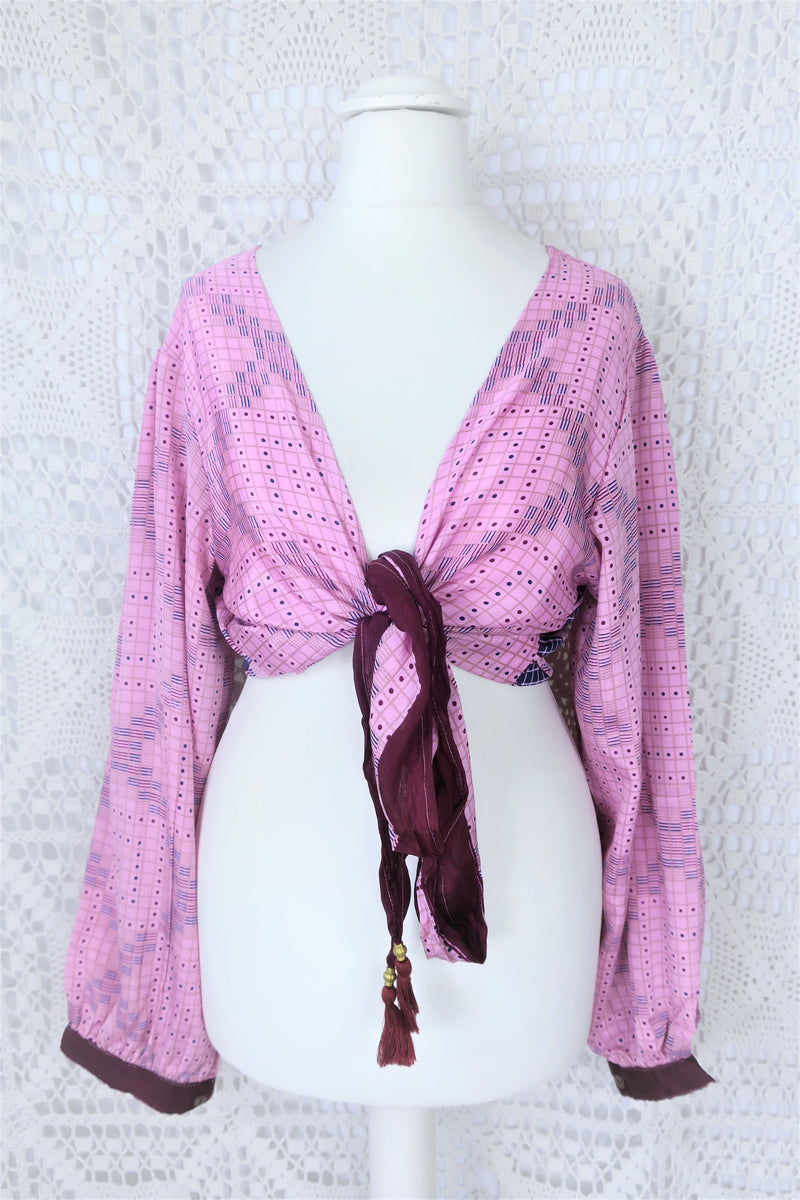 Lola Bohemian Wrap Top - Vintage Indian Sari - Twilight Pink & Indigo Floral Starburst - M/L
