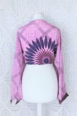 Lola Bohemian Wrap Top - Vintage Indian Sari - Twilight Pink & Indigo Floral Starburst - M/L