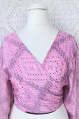 Lola Bohemian Wrap Top - Vintage Indian Sari - Twilight Pink & Indigo Floral Starburst - M/L