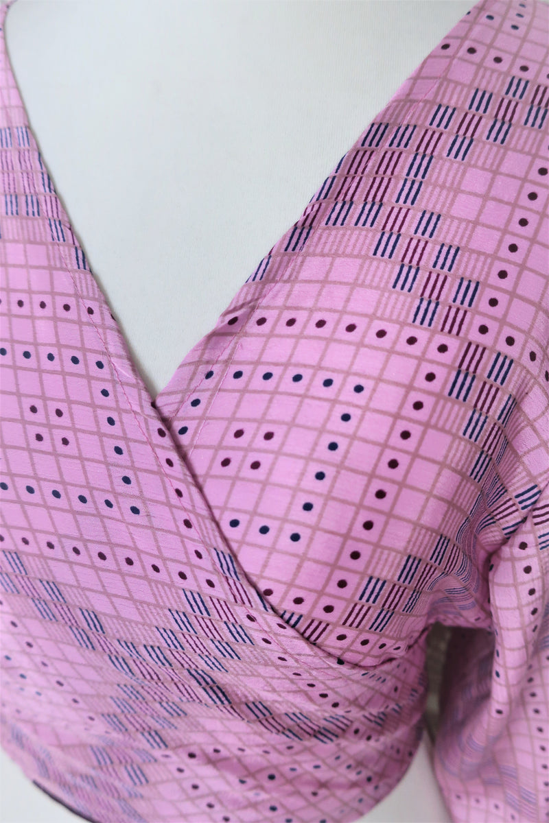 Lola Bohemian Wrap Top - Vintage Indian Sari - Twilight Pink & Indigo Floral Starburst - M/L