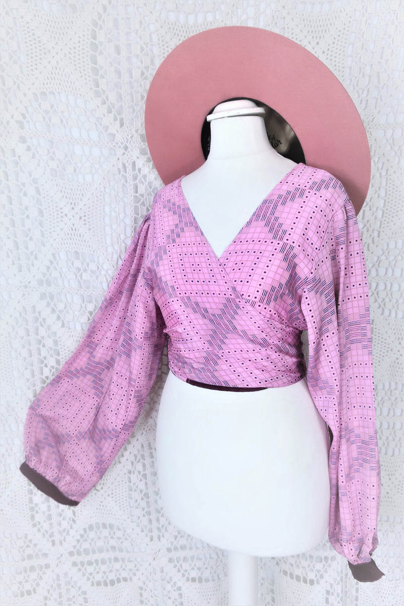 Lola Bohemian Wrap Top - Vintage Indian Sari - Twilight Pink & Indigo Floral Starburst - M/L
