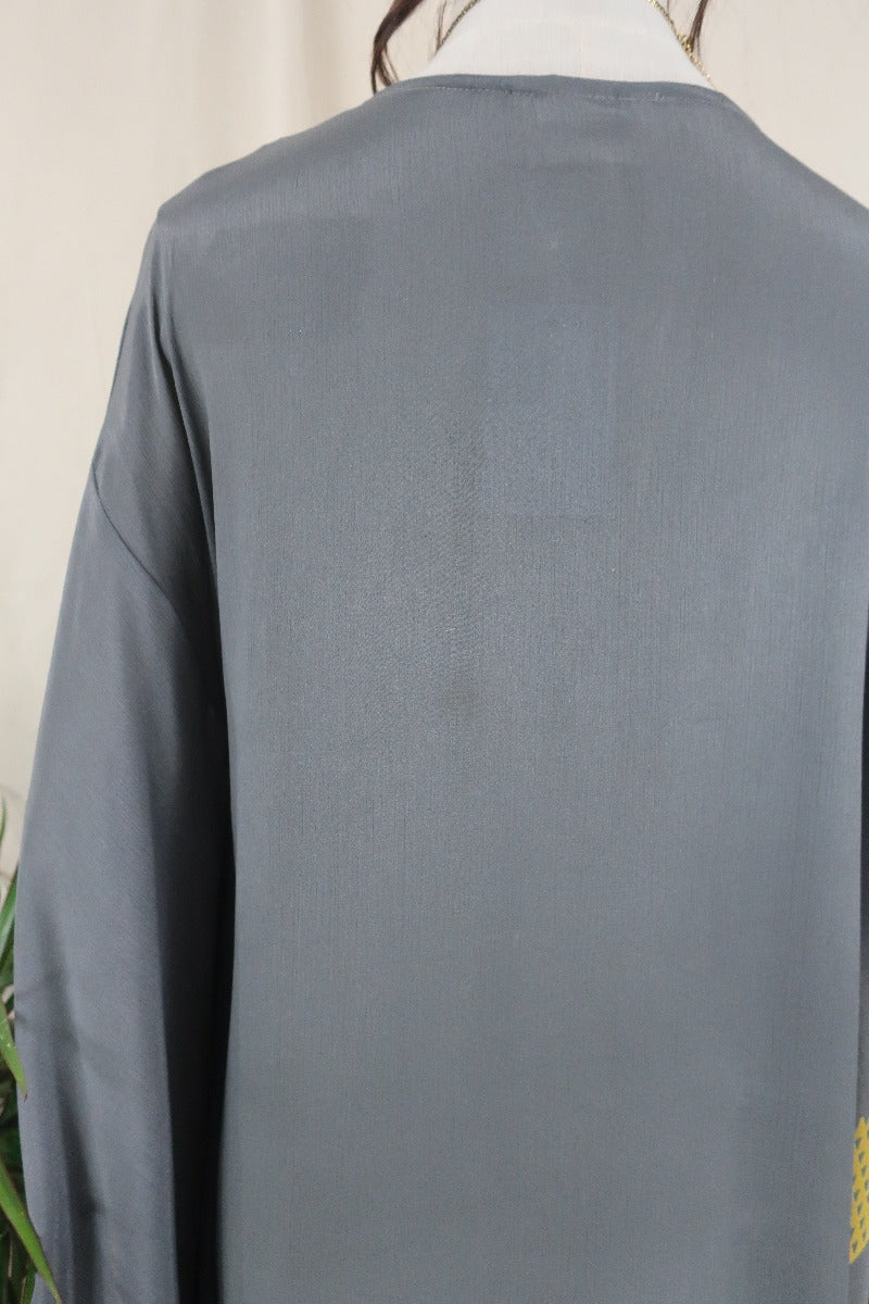 Cassandra Maxi Kaftan - Charcoal and Sunshine Block Colour - Vintage Sari - Size M/L