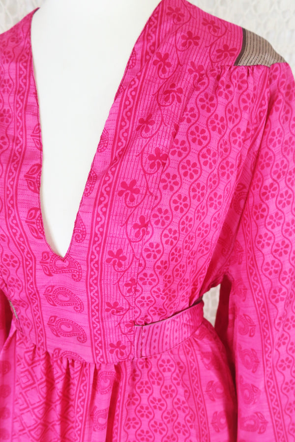 Stevie Maxi Dress - Vintage Indian Sari - Fuchsia & Slate Block Print - XS