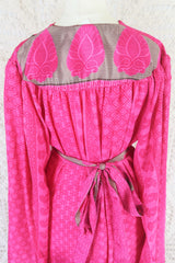 Stevie Maxi Dress - Vintage Indian Sari - Fuchsia & Slate Block Print - XS