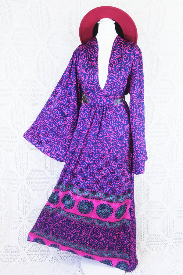 Stevie Maxi Dress - Vintage Indian Sari - Indigo & Magenta Floral - XS