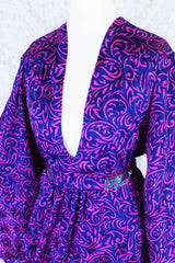 Stevie Maxi Dress - Vintage Indian Sari - Indigo & Magenta Floral - XS
