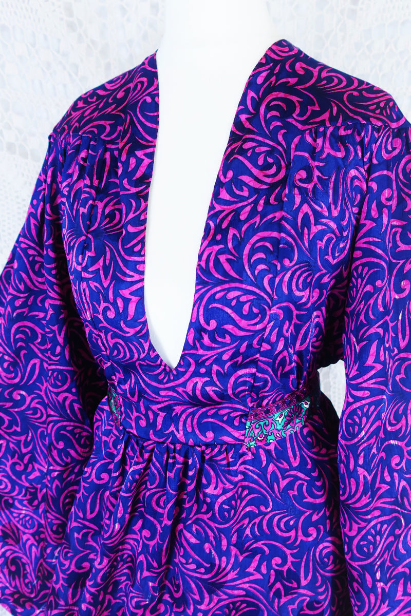 Stevie Maxi Dress - Vintage Indian Sari - Indigo & Magenta Floral - XS
