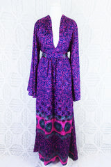 Stevie Maxi Dress - Vintage Indian Sari - Indigo & Magenta Floral - XS