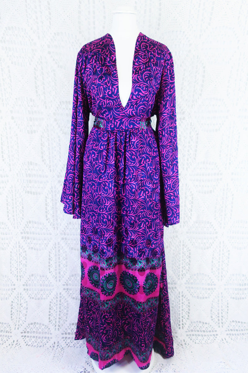 Stevie Maxi Dress - Vintage Indian Sari - Indigo & Magenta Floral - XS