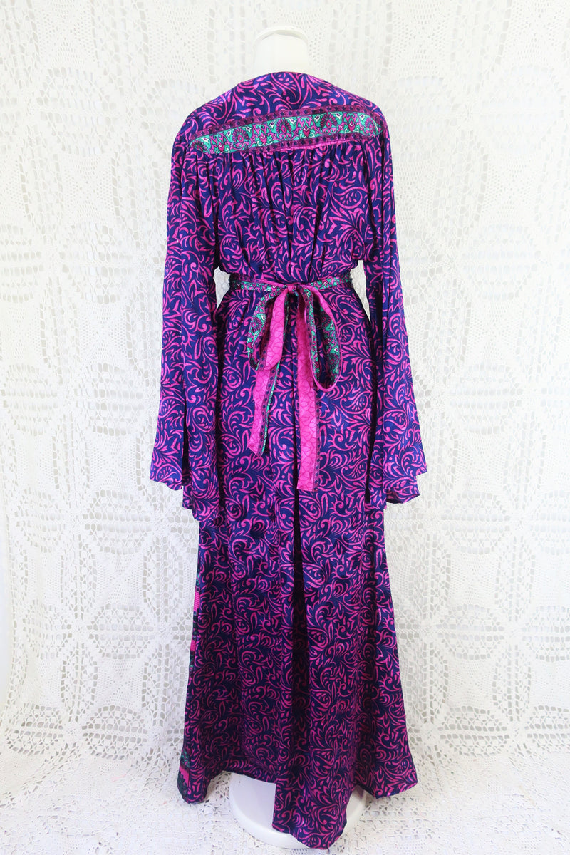 Stevie Maxi Dress - Vintage Indian Sari - Indigo & Magenta Floral - XS