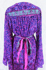 Stevie Maxi Dress - Vintage Indian Sari - Indigo & Magenta Floral - XS