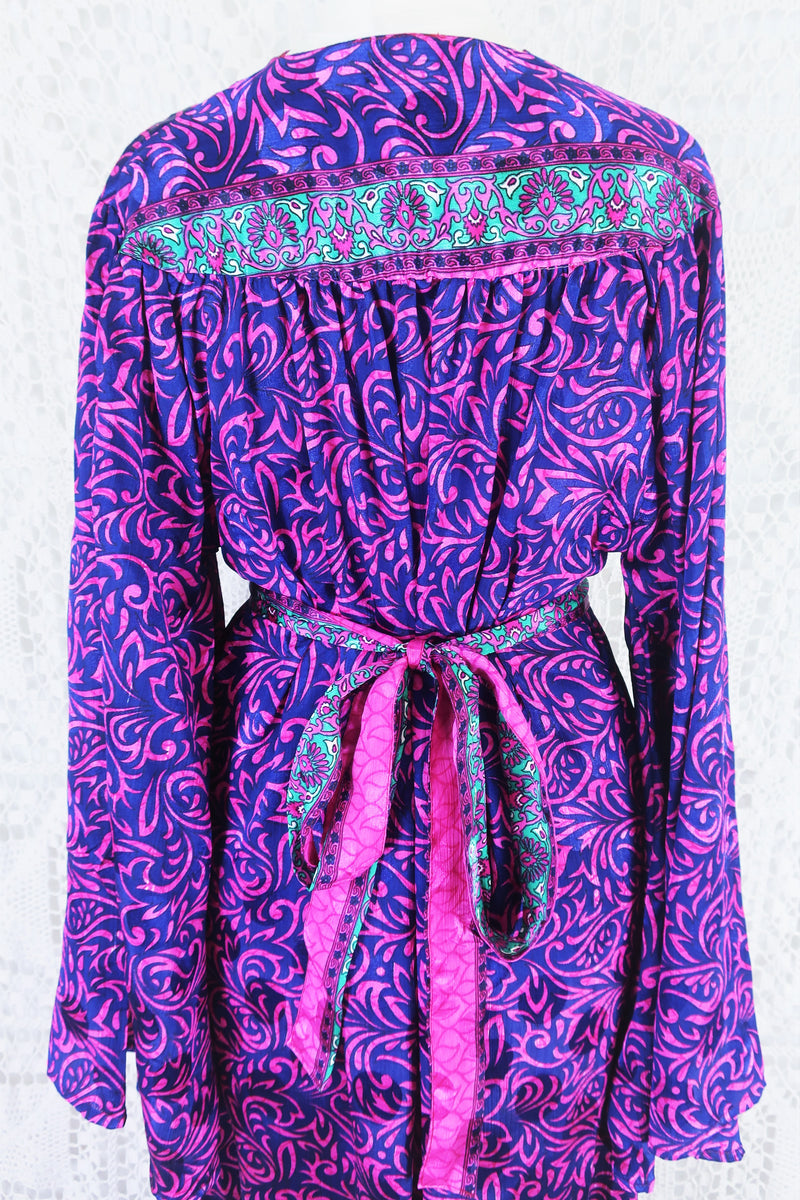 Stevie Maxi Dress - Vintage Indian Sari - Indigo & Magenta Floral - XS