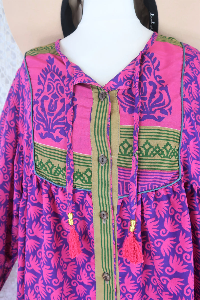 Jude Tunic Top - Vintage Indian Sari - Deep Purple & Magenta Block Floral Motif - S/M