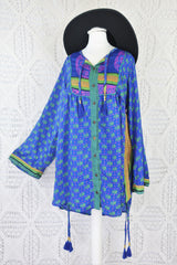 Jude Tunic Top - Vintage Indian Sari - Lapis & Soft Green Floral Tiles - S