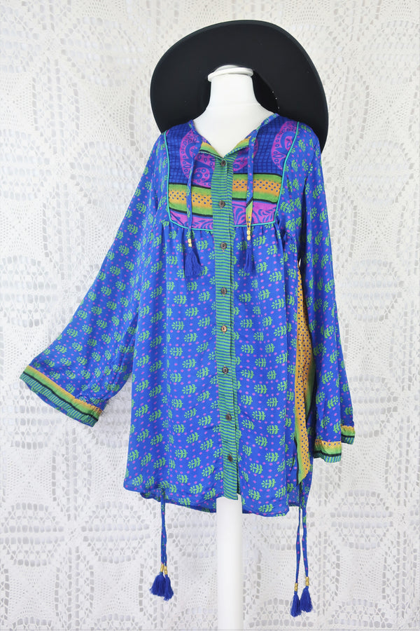 Jude Tunic Top - Vintage Indian Sari - Lapis & Soft Green Floral Tiles - S