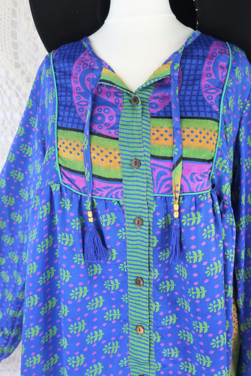 Jude Tunic Top - Vintage Indian Sari - Lapis & Soft Green Floral Tiles - S