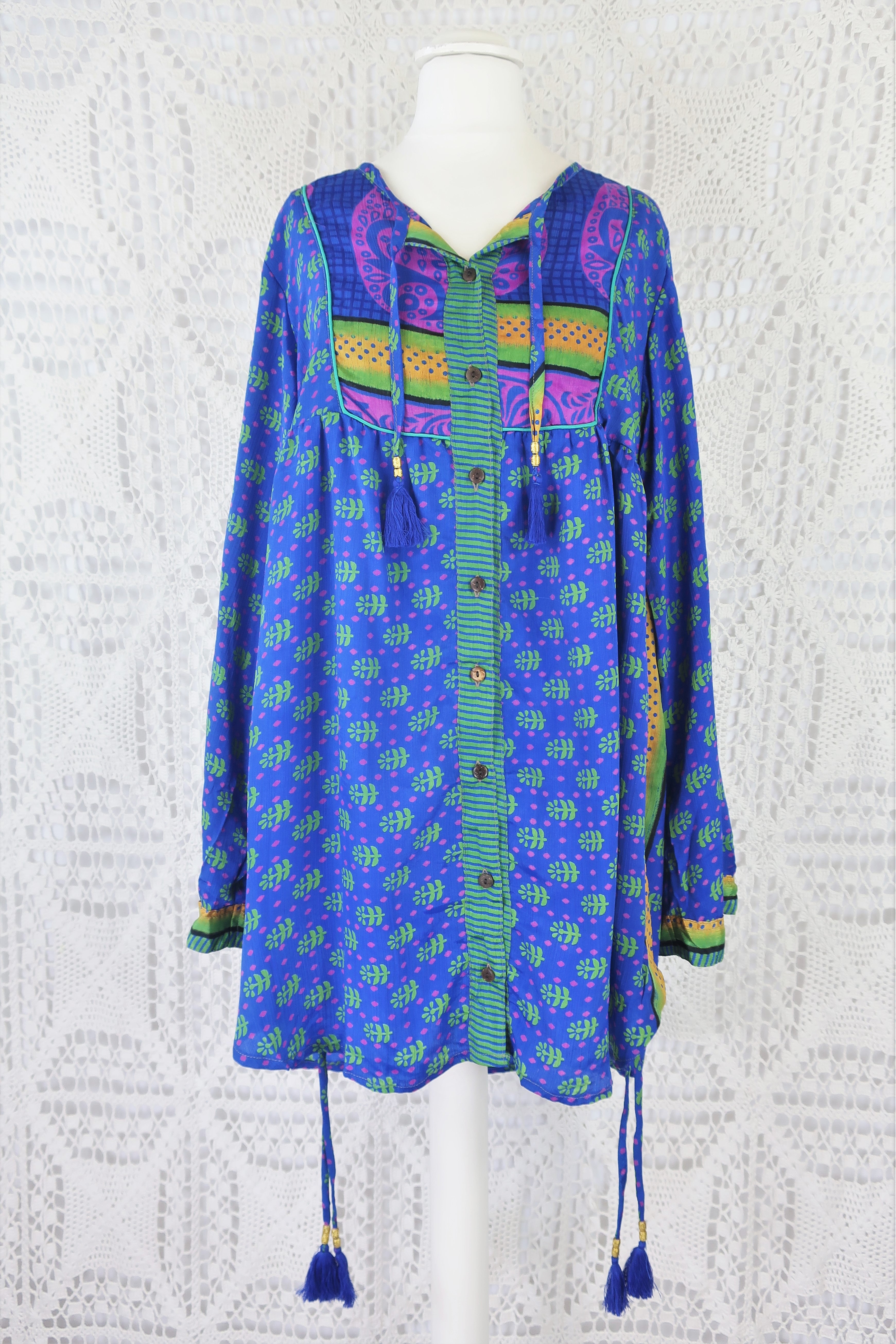 Jude Tunic Top - Vintage Indian Sari - Lapis & Soft Green Floral Tiles - S