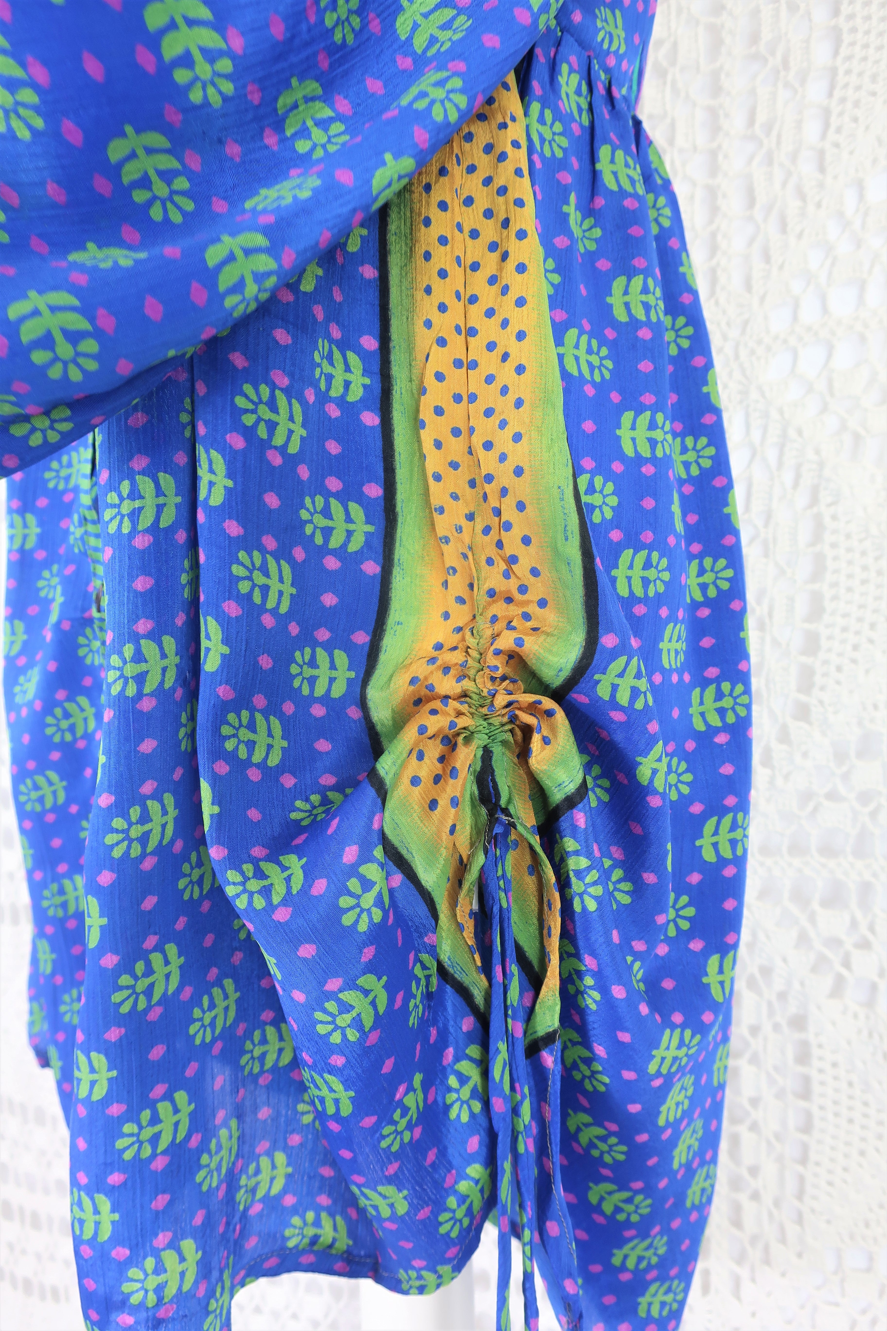 Jude Tunic Top - Vintage Indian Sari - Lapis & Soft Green Floral Tiles - S