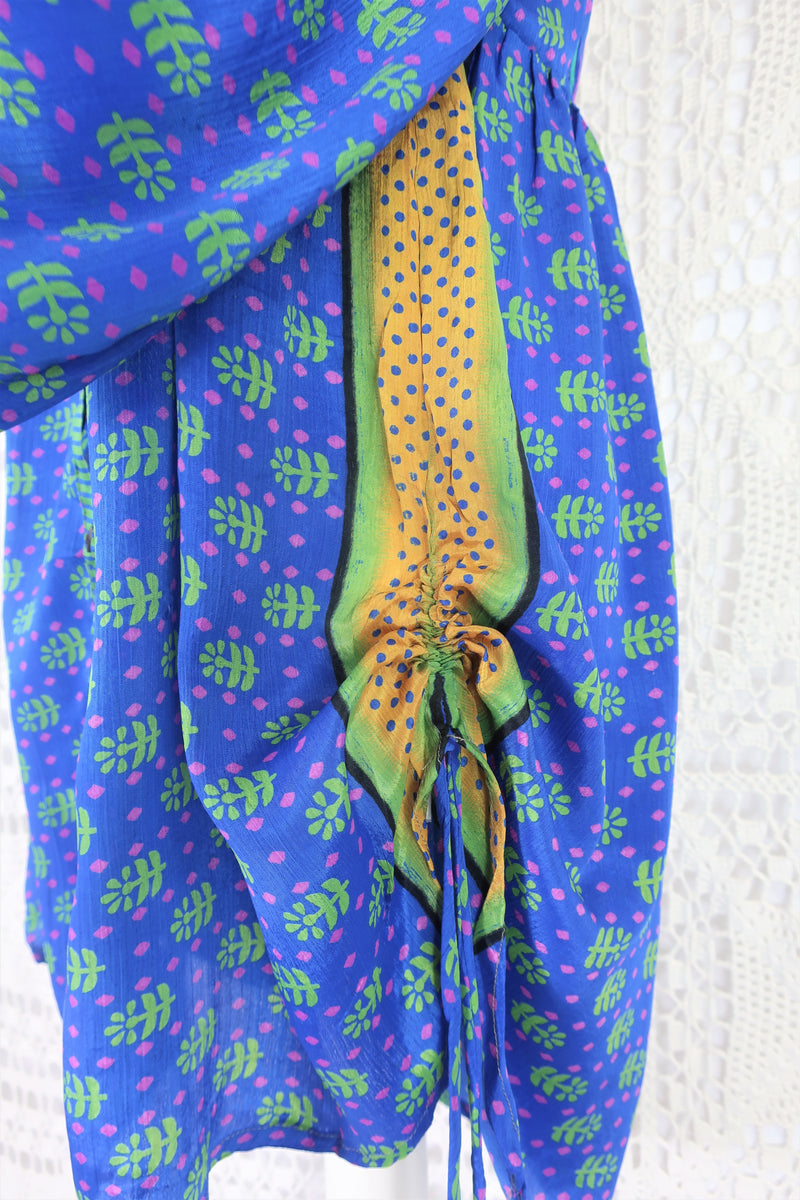 Jude Tunic Top - Vintage Indian Sari - Lapis & Soft Green Floral Tiles - S
