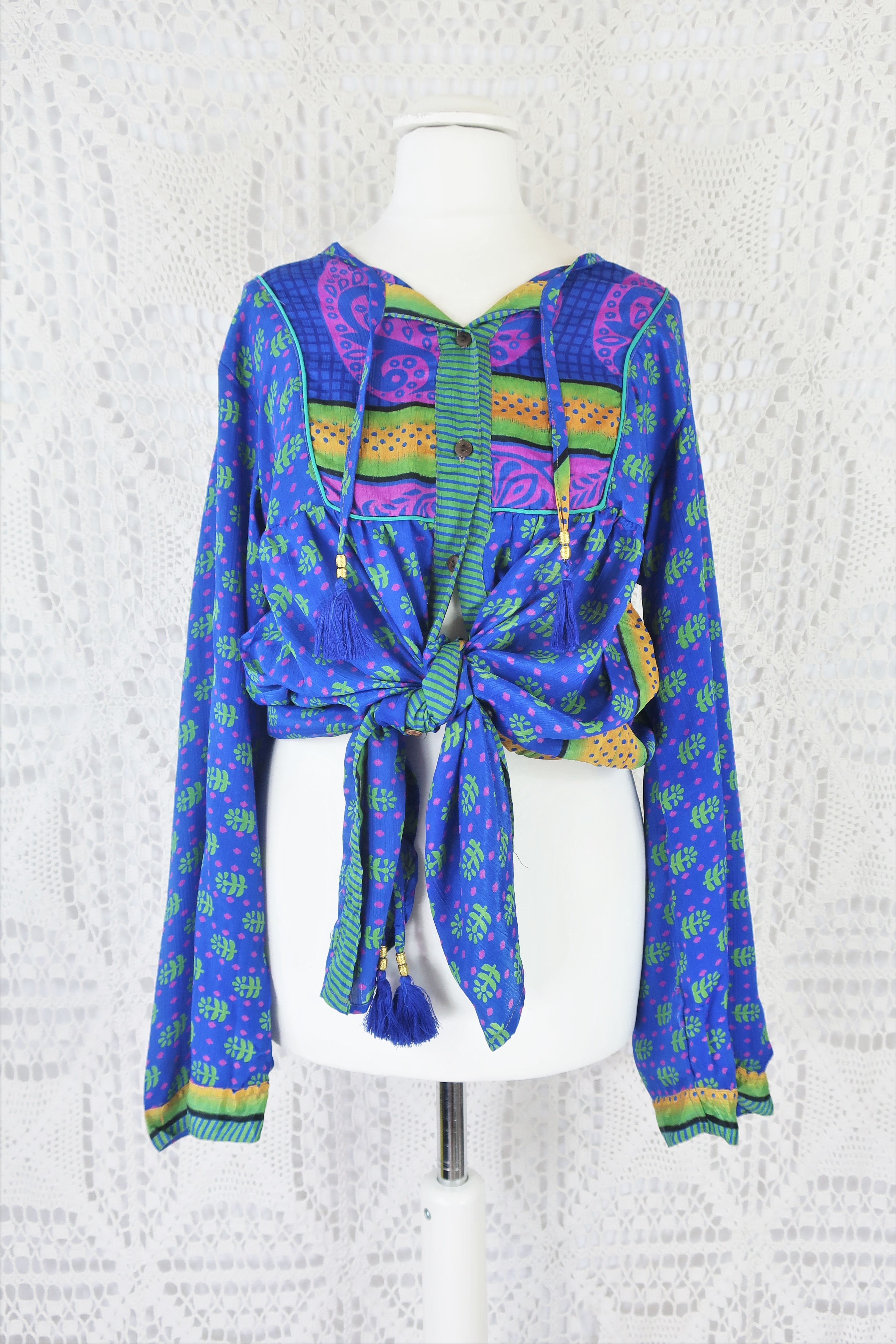 Jude Tunic Top - Vintage Indian Sari - Lapis & Soft Green Floral Tiles - S
