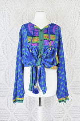 Jude Tunic Top - Vintage Indian Sari - Lapis & Soft Green Floral Tiles - S