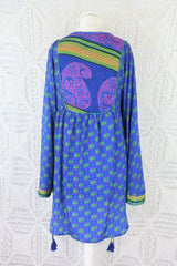 Jude Tunic Top - Vintage Indian Sari - Lapis & Soft Green Floral Tiles - S