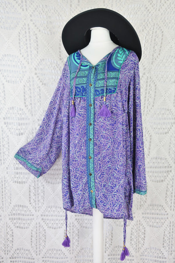 Jude Tunic Top - Vintage Indian Sari - Violet, Mint & Indigo Paisley Labyrinth - S/M