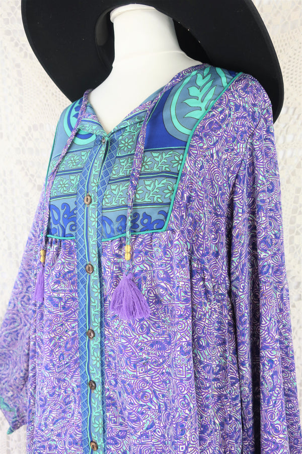Jude Tunic Top - Vintage Indian Sari - Violet, Mint & Indigo Paisley Labyrinth - S/M