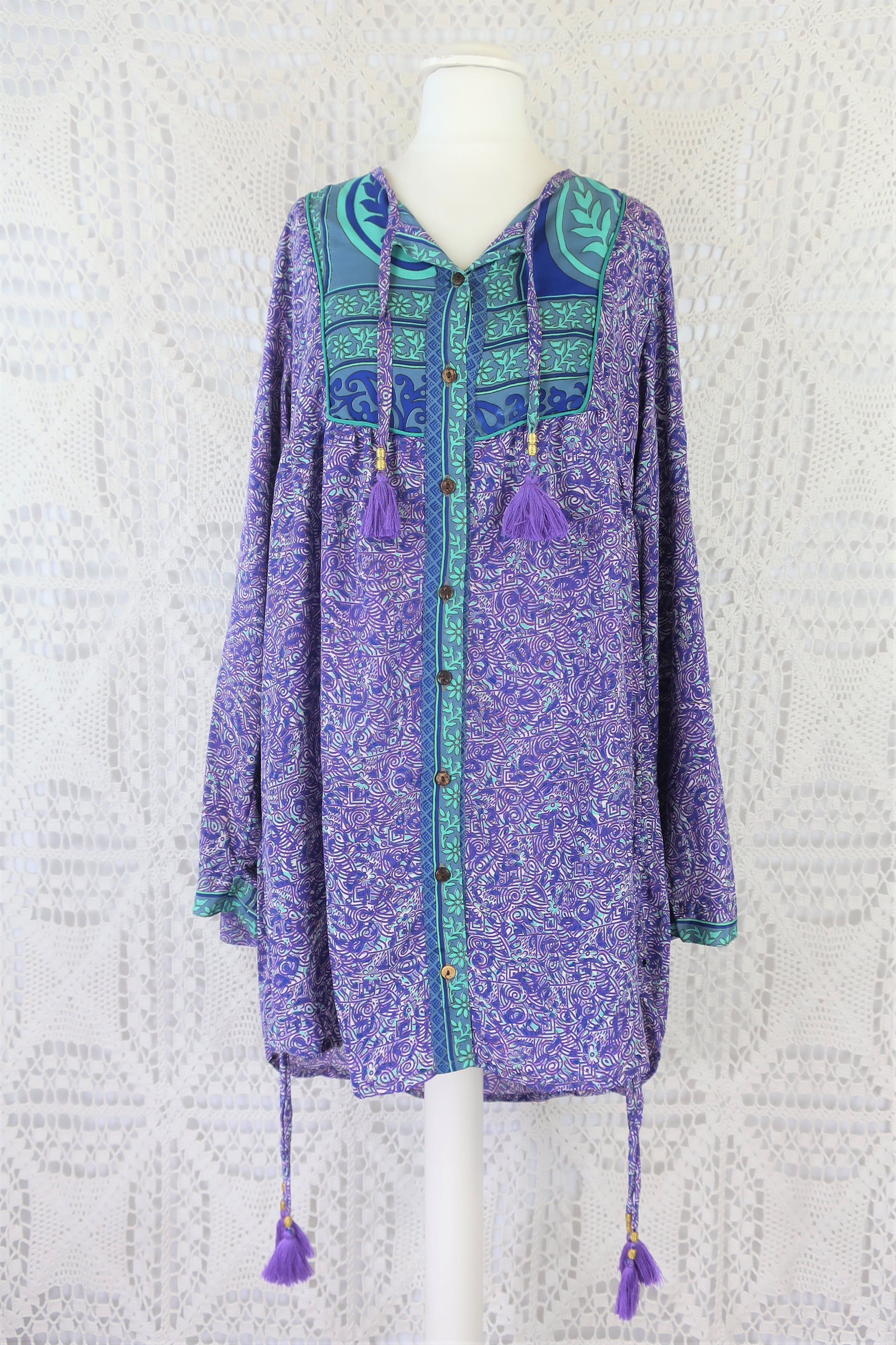 Jude Tunic Top - Vintage Indian Sari - Violet, Mint & Indigo Paisley Labyrinth - S/M
