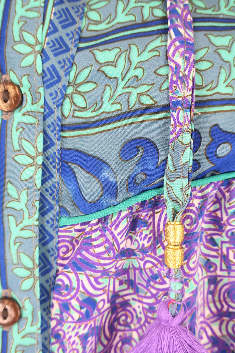 Jude Tunic Top - Vintage Indian Sari - Violet, Mint & Indigo Paisley Labyrinth - S/M
