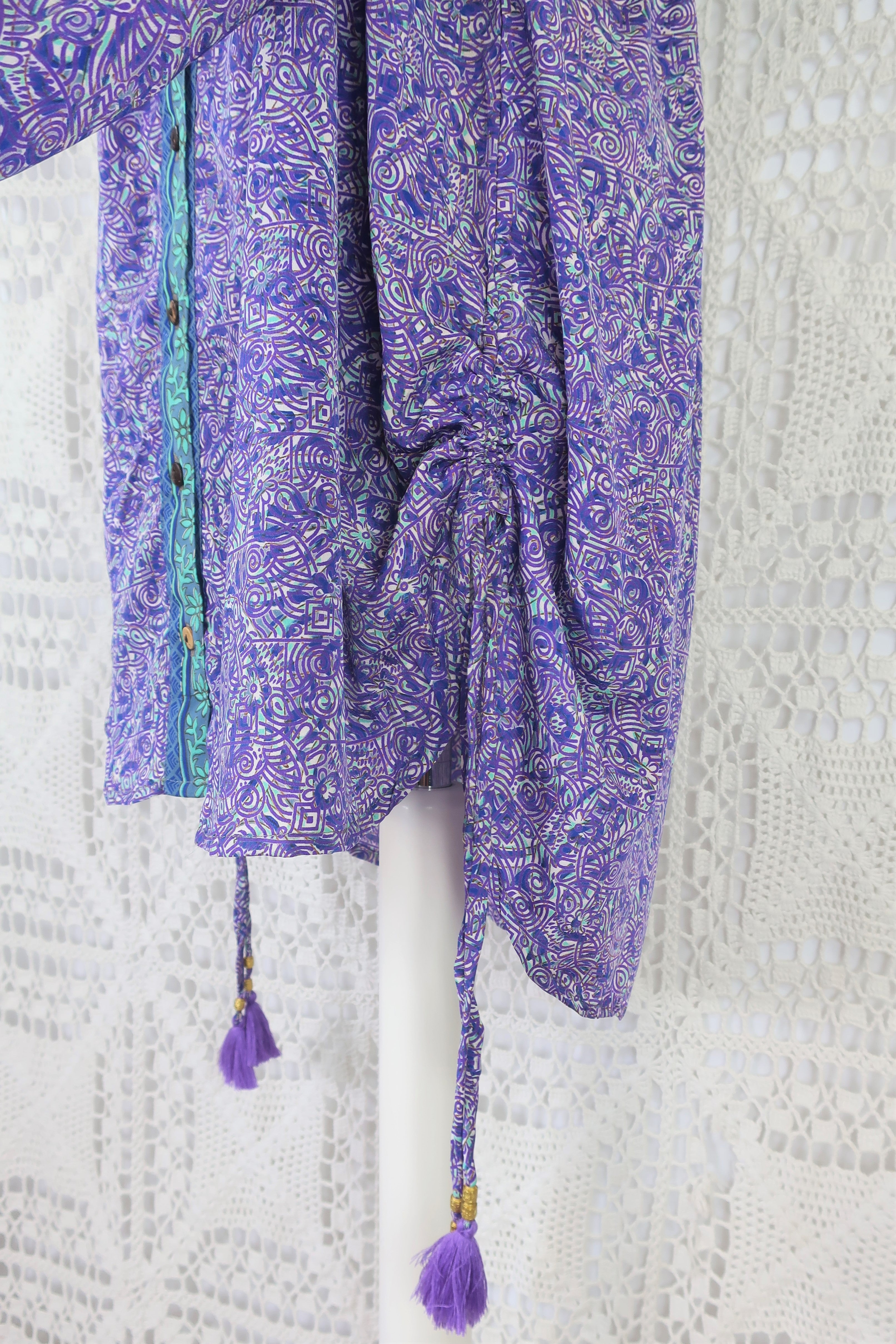 Jude Tunic Top - Vintage Indian Sari - Violet, Mint & Indigo Paisley Labyrinth - S/M