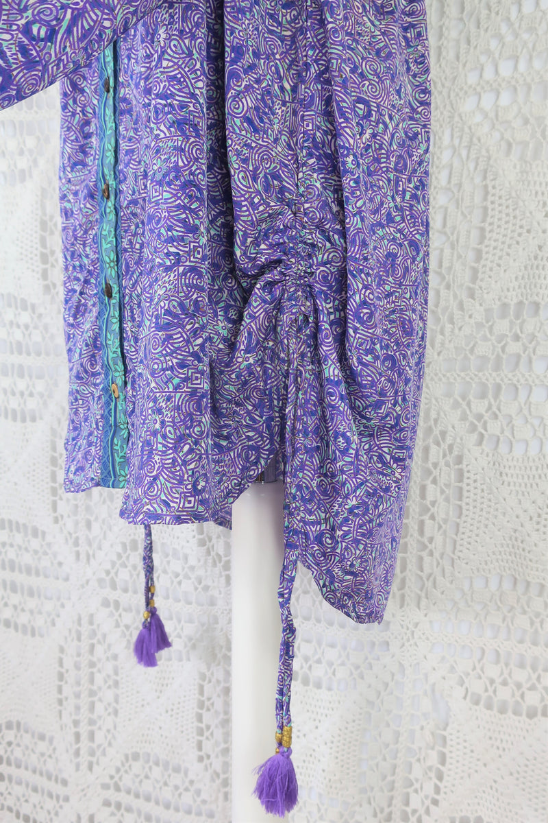 Jude Tunic Top - Vintage Indian Sari - Violet, Mint & Indigo Paisley Labyrinth - S/M