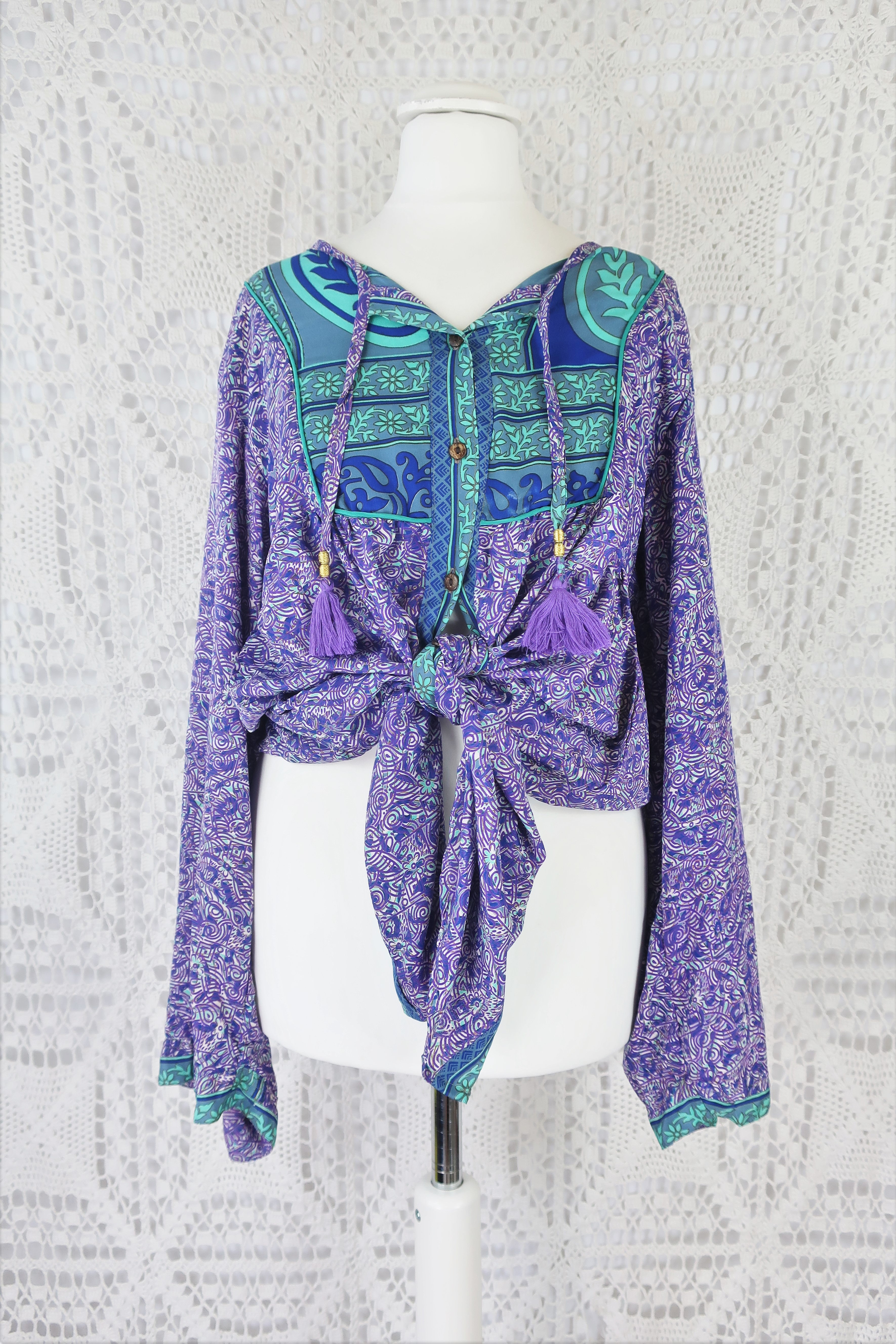 Jude Tunic Top - Vintage Indian Sari - Violet, Mint & Indigo Paisley Labyrinth - S/M