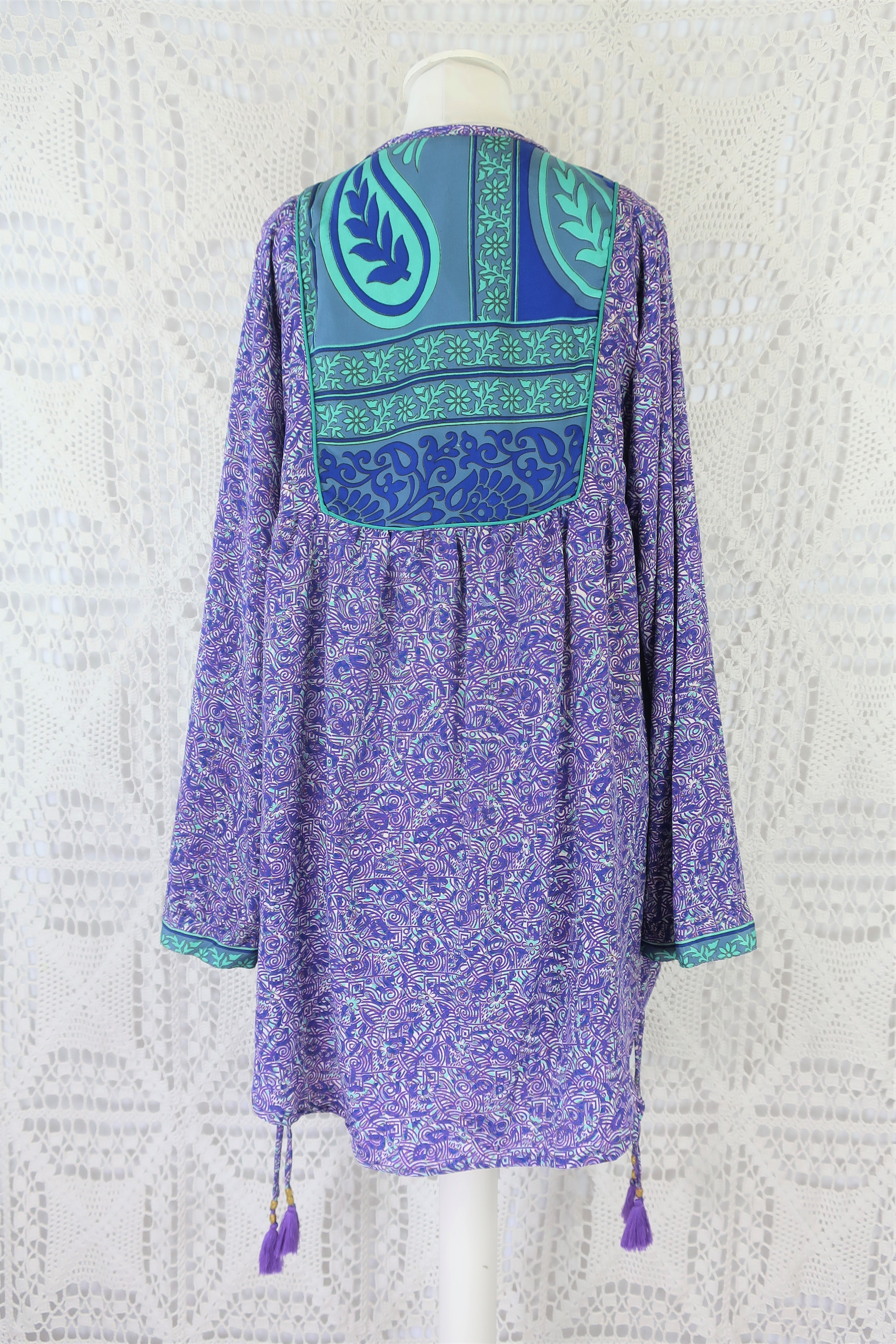 Jude Tunic Top - Vintage Indian Sari - Violet, Mint & Indigo Paisley Labyrinth - S/M