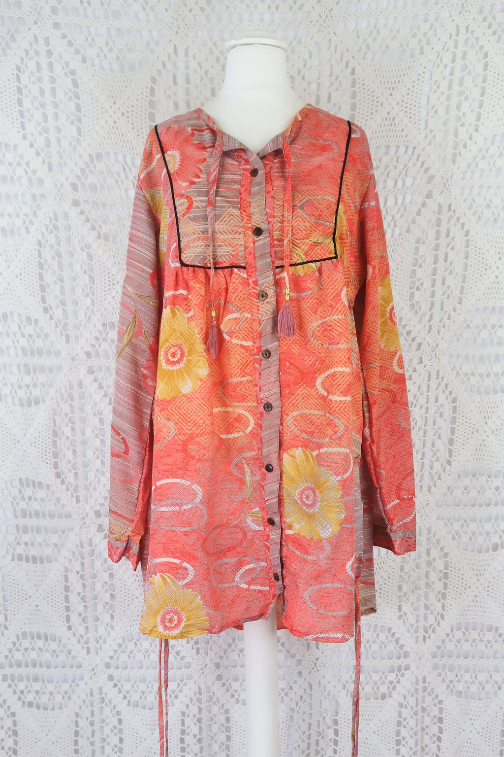 Jude Tunic Top - Vintage Indian Sari - Rosy Pink, Dijon & Mauve Floral - XS